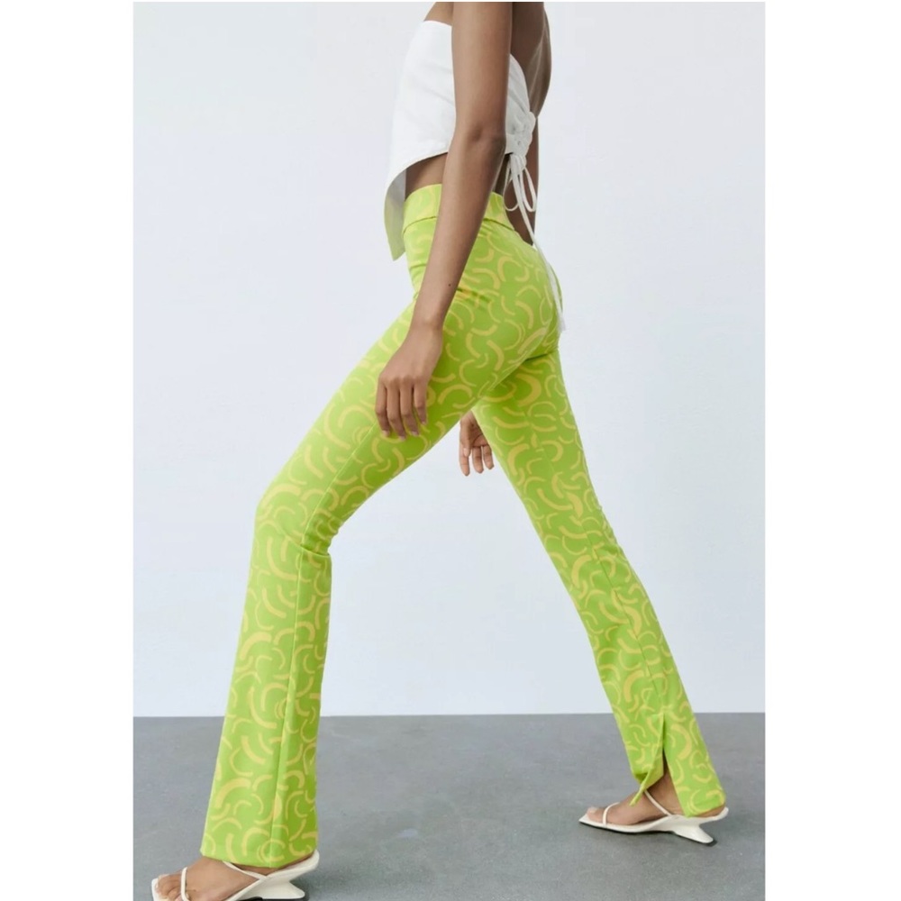 Zara NWT Lime Green & Yellow Knit Flare Jacquard Pant Size Small - Picture 2 of 9